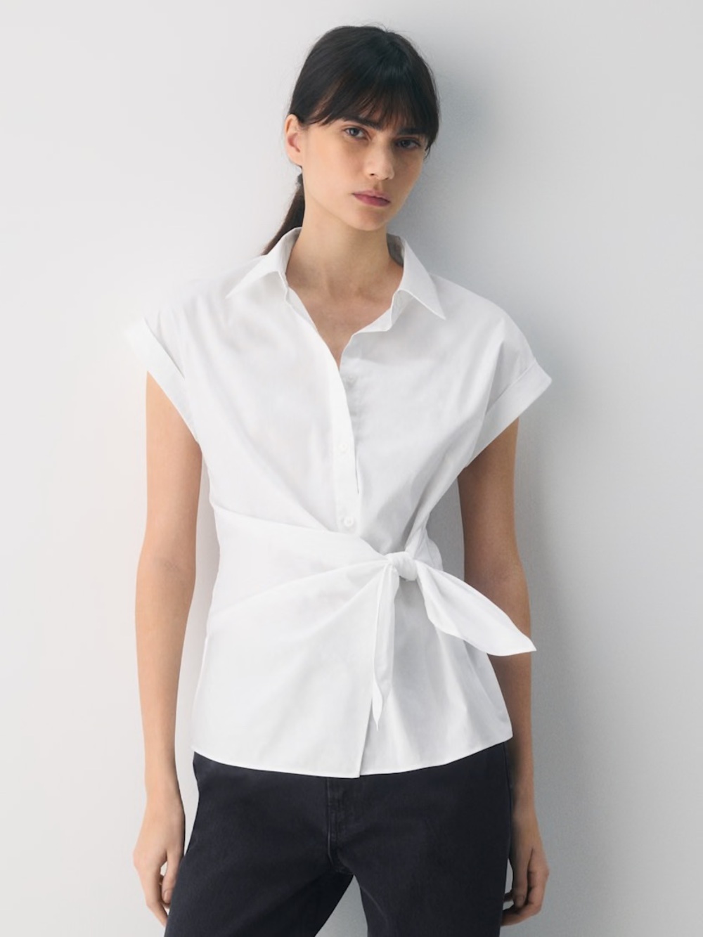 Aritzia White Blueprint Poplin Tie-Waist Button-Down Shirt M